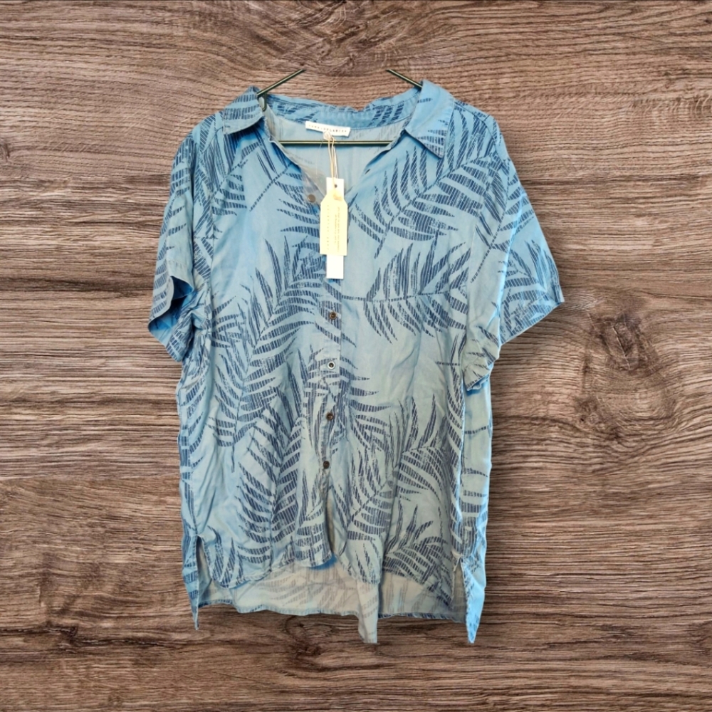 JANE‎ & Delancey NWT Palm Print Blue HawaiianButton Up Short SleeveSize 1X Plus